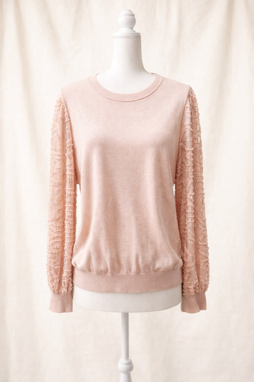 Rio & Rian XL Blush Pink Textured Sleeve Sweater Romantic Feminine Soft Chic